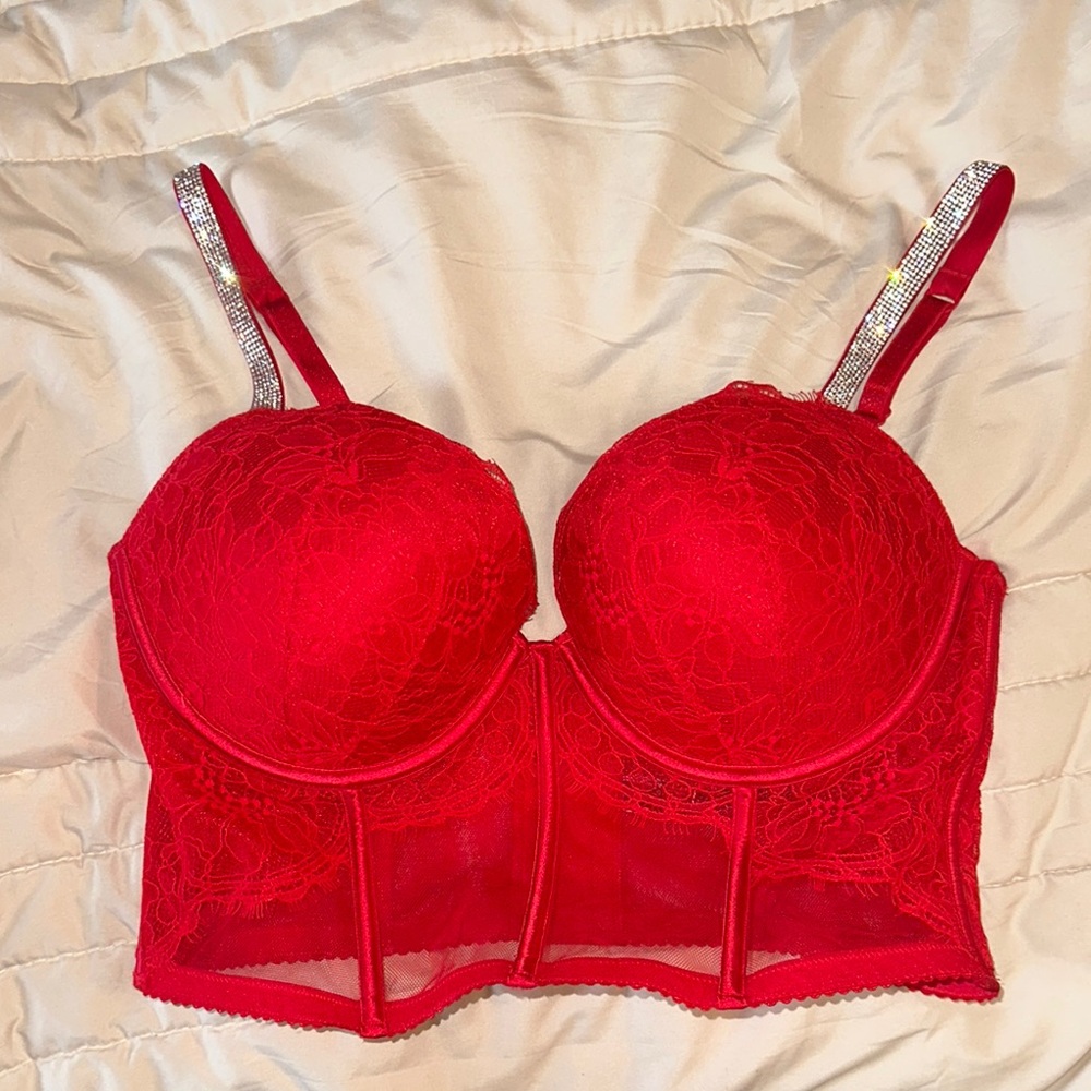 Victoria's Secret Red Lace Longline Push-Up Bra with Rhinestone Straps
